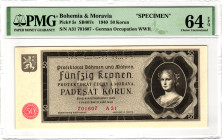 Bohemia & Moravia 50 Korun 1940 Specimen PMG 64 Choice Unc

P# 5s, N# 232620; # A 31 701607