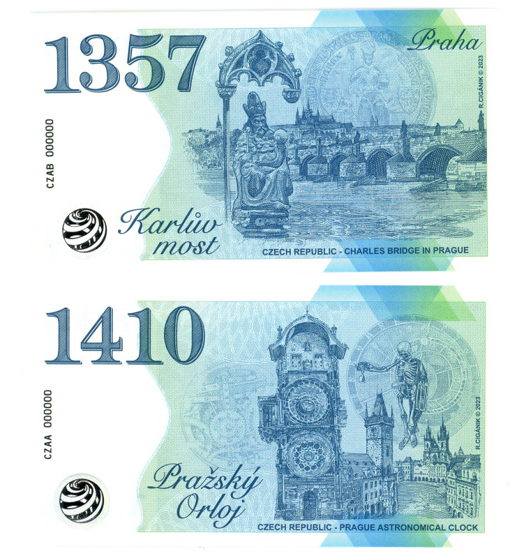 Czech Republic 2 Banknotes 2023 Prague Astronomical Clock & Charles Bridge in Pr...