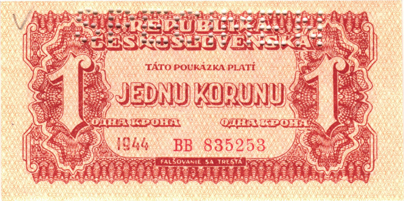 Czechoslovakia 1 Koruna 1944 Specimen

P# 45a, N# 206335; # ВВ 835253; AUNC-