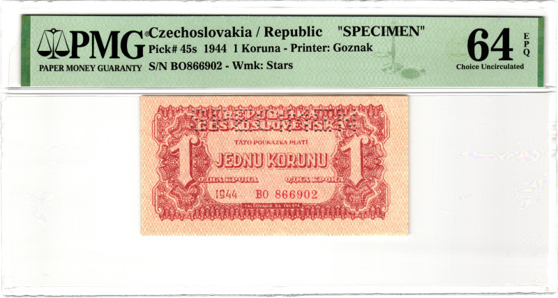 Czechoslovakia 1 Koruna 1944 Specimen PMG 64 EPQ Choice Unc

P# 45s, N# 206335...