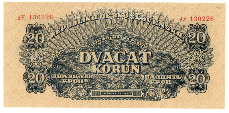 Czechoslovakia 20 Korun 1944

P# 47s, N# 229933; # АУ 130226; Perforated Speci...