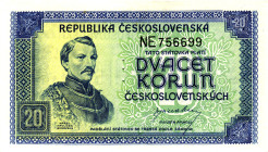 Czechoslovakia 20 Korun 1945 (ND) Specimen

P# 61s, N# 207319; # NE 756699; Perforated with 3 Holes; UNC