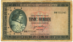 Czechoslovakia 1000 Korun 1945 (ND)

P# 65a, N# 227066; # BH 737343; VF, With Holes, Tears