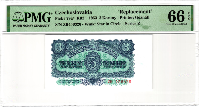 Czechoslovakia 3 Koruny 1953 Replacement PMG 66 EPQ Gem Unc

P# 79a*, N# 20850...