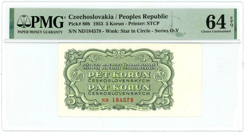 Czechoslovakia 5 Korun 1953 PMG 64 EPQ Choice Uncirculated

P# 80b, N# 206197;...