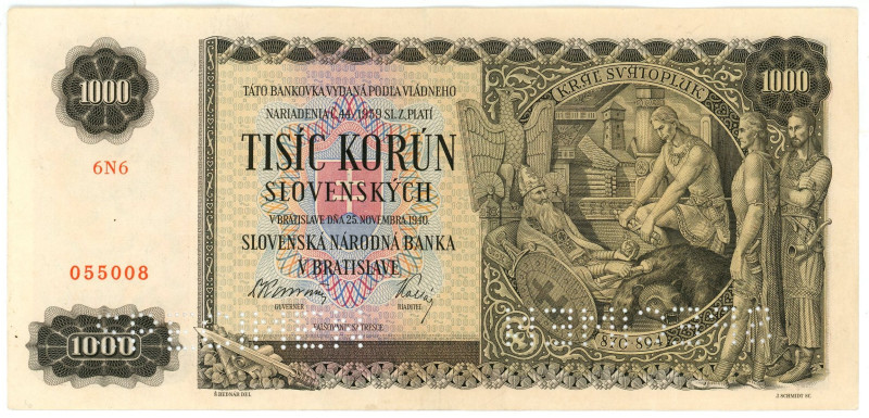 Slovakia 1000 Korun 1940 Specimen

P# 13s, N# 246409; # 6 N 6 055008; VF