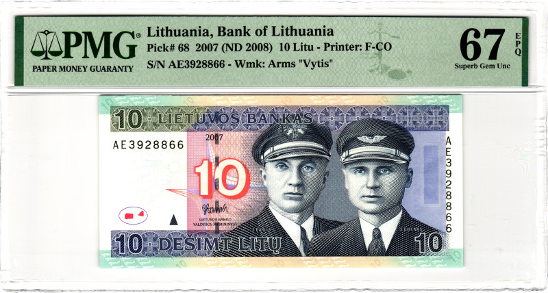 Lithuania 10 Litu 2007 (2008) (ND) PMG 67 EPQ Superb Gem Unc

P# 68, N# 204037...