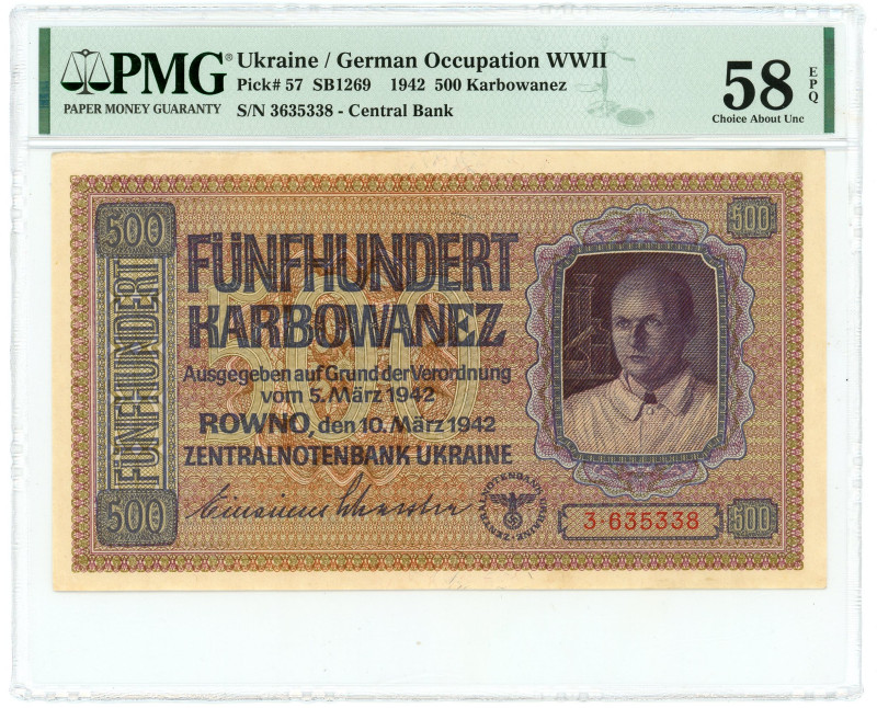 Ukraine 500 Karbowanez 1942 PMG 58 EPQ Choice About Unc German Occupation WW II...