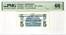 Russia - USSR Arcticugol Spitzbergen 5 Kopeks 1957 PMG 66 EPQ Gem Unc

# 075527