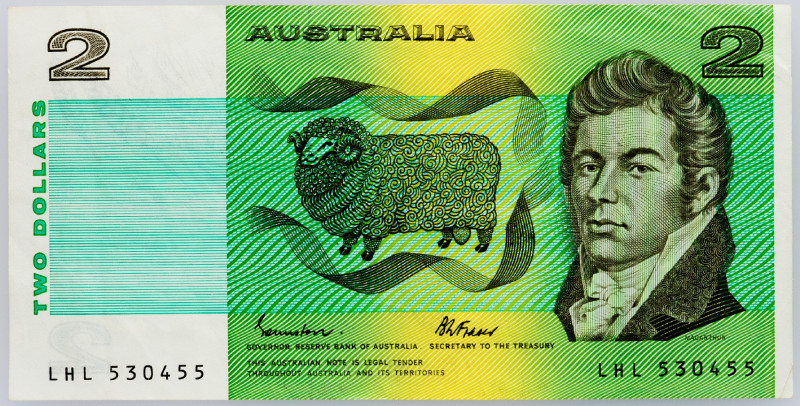 Australia 2 Dollars 1985 (ND)

P# 43e, N# 202384; # LHL 530455; F