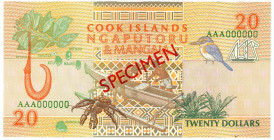 Cook Islands 20 Dollars Specimen 1992 (ND) Overprint specimen in red at both sides

P# 9s, N# 203016; AAA000000; UNC