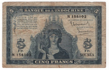 New Hebrides 5 Francs 1945 (ND)

P# 5, N# 201971; # N 158102; F