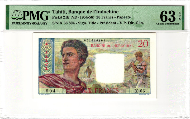 Tahiti 20 Francs 1954 - 1958 (ND) PMG 63 EPQ Choice Unc

P# 21b, # X 66 804