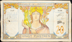 French Indochina 20 Piastres 1928 - 1931 (ND)

P# 50, N# 223309; # O.158 246; F, with holes