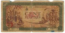 French Indochina 100 Piastres 1942 - 1945 (ND) O

P# 73, N# 292312 ; # W026772 526772; VF, Tear