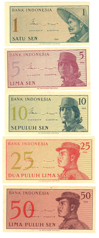 Indonesia 1 - 5 - 10 - 25 - 50 Sen 1964

P# 90 - 94, UNC