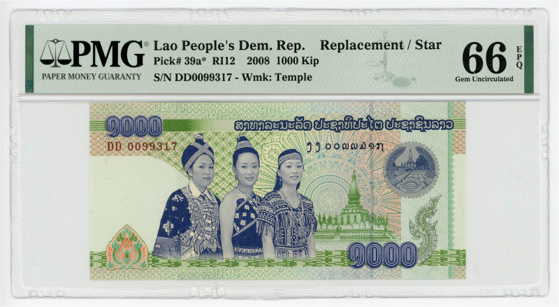 Lao 1000 Kip 2008 Replacement PMG 66 EPQ Gem Uncirculated

P# 39a*, N# 203358;...