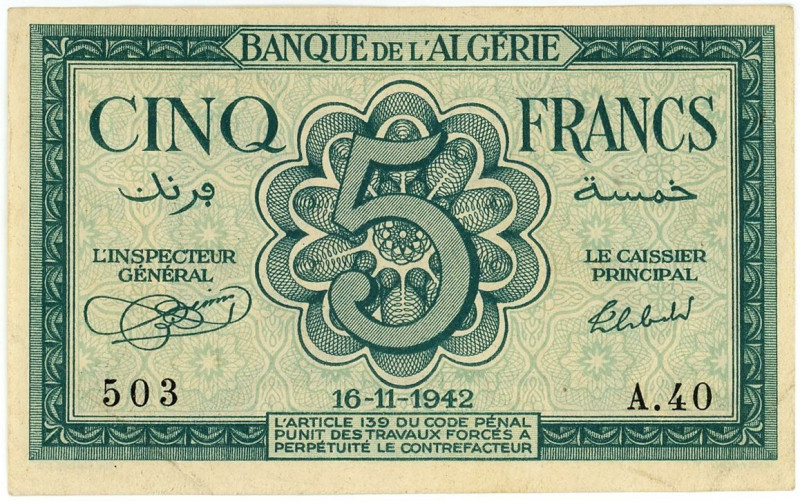 Algeria 5 Francs 1942

P# 91, N# 206297; # A.40 503; AUNC