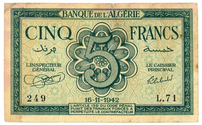 Algeria 5 Francs 1942

P# 91, N# 206297; # L 71 249; VF