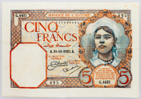 Algeria 5 Francs 1933

P# 77a, N# 207711; # G.4401 495; VF, with small stains