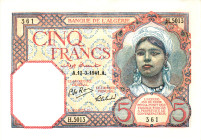 Algeria 5 Francs 1941

P# 77b, N# 207711; # H 5013 361; AUNC