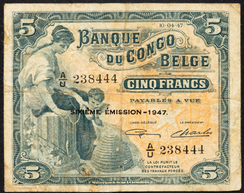 Belgian Congo 5 Francs 1947

P# 13A, N# 220630; # A/U 238444; G