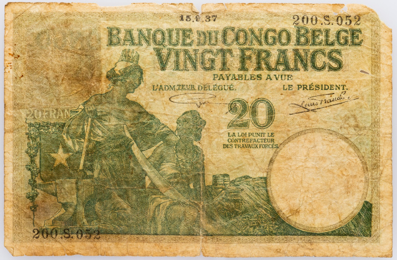 Belgian Congo 20 Francs 1937

P# 10f, N# 258714; # 200.S.052; P-G