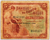Belgian Congo 5 Francs 1942

P# 13, N# 258717; # B347122; G-VG