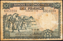 Belgian Congo 10 Francs 1948

P# 14E, N# 259106; # S916559; VG