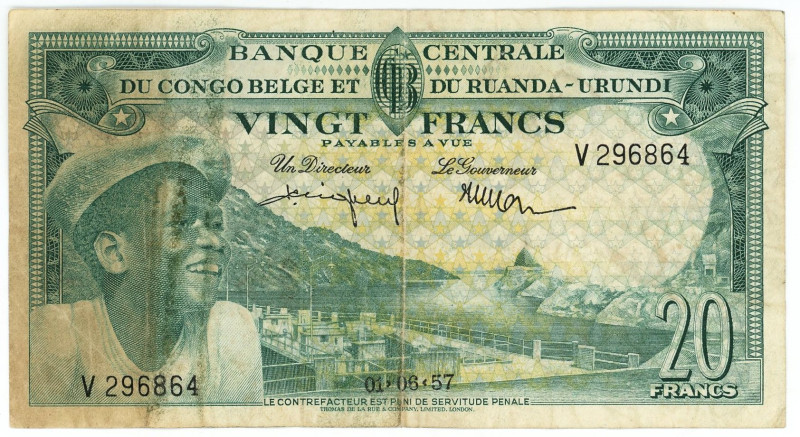 Belgian Congo 20 Francs 1957

P# 31, N# 259284; # V 296864; VF