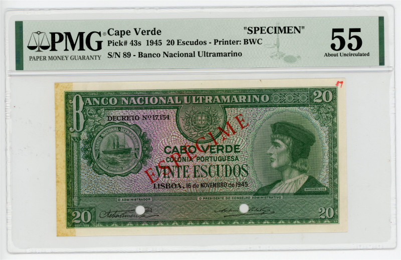 Cabo Verde 20 Escudos 1945 Specimen PMG 55 About Uncirculated

P# 43s, N# 2586...