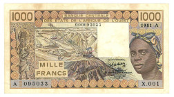 Central African States Ivory Coast 1000 Francs 1981 A

P# 107A, N# 207679; # X 001 095033; XF