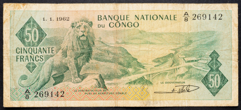 Congo 50 Francs 1962

P# 5a, N# 201828; # A/8 269142; VG