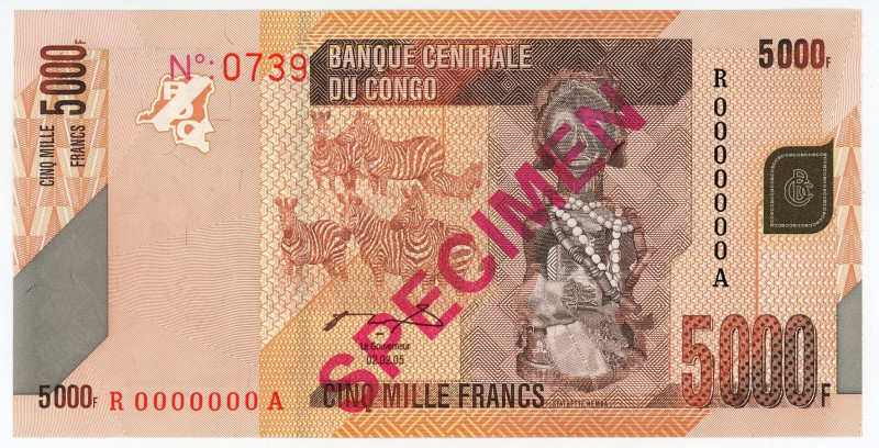 Congo 5000 Francs 2005 Specimen

P# 102s, N# 216767; # R 0000000 A; № 0739; UN...