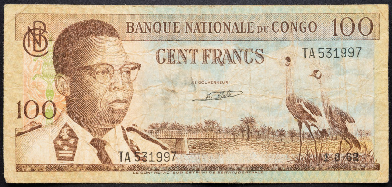 Congo 100 Francs 1962

P# 6a, N# 259293; # TA531997; VG