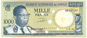 Congo Democratic Republic 1000 Francs 1964 Cancelled Note

P# 8b, N# 220639; # BA 507097; VF+