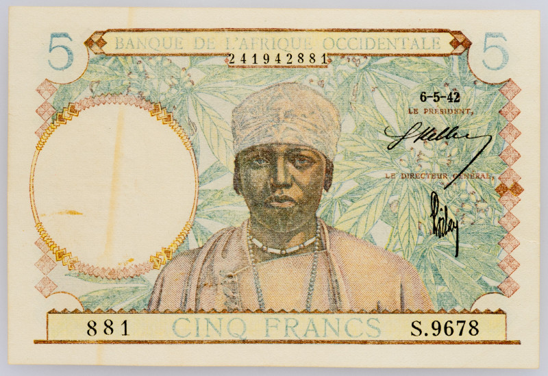 French West Africa 5 Francs 1942

P# 25, N# 221363; # S.9678 881; XF, with sma...