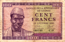 Guinea 100 Francs 1958

P# 7, N# 270428; # C 25 392735; F+/VF-