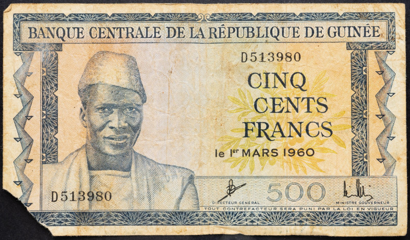 Guinea 500 Francs 1960

P# 14a, N# 270432; # D513980; G, with missing corner