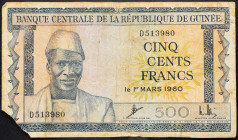 Guinea 500 Francs 1960

P# 14a, N# 270432; # D513980; G, with missing corner