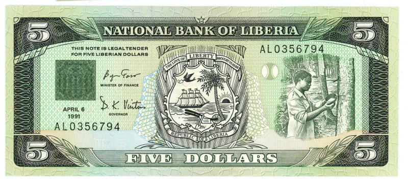 Liberia 5 Dollars 1991

P# 20, N# 215971; # AL0356794; UNC