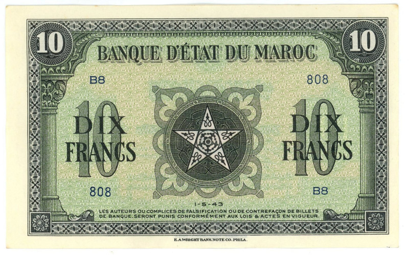 Morocco 10 Francs 1943

P# 25a, N# 210500; # B 8 808; AUNC