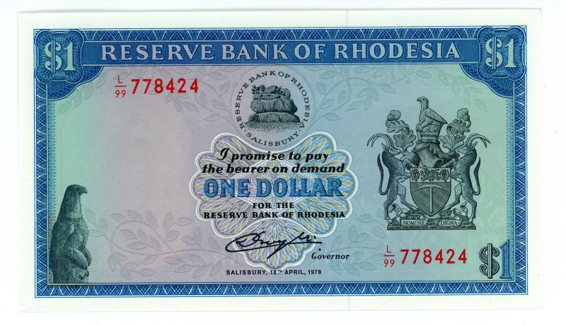 Rhodesia 1 Dollar 1978

P# 34c, N# 214666; # L/99 778424; UNC