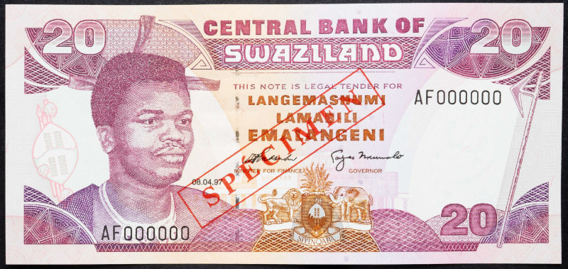 Swaziland 20 Emalangeni 1997 Specimen

P# 25s, N# 225430; # AF000000; UNC