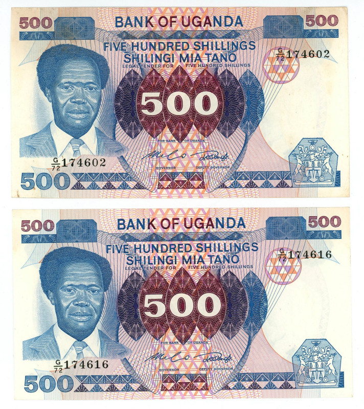 Uganda 2 x 500 Shillings 1983 (ND)

P# 22, N# 222079; UNC