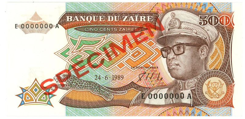 Zaire 500 Zaires 1989 Specimen

P# 34s, N# 216663; # E 0000000 A; UNC