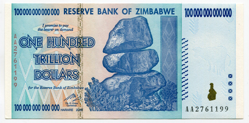 Zimbabwe 100 Trillion Dollars 2008

P# 91, N# 201552; # AA2761199; UNC