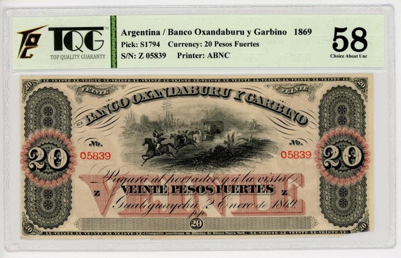 Argentina Banco Oxandaburu y Gabrino 20 Pesos Fuertes 1869 TQG 58 Choice About U...