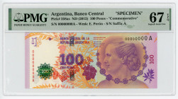Argentina 100 Pesos 2012 (ND) Commemorative Specimen PMG 67 EPQ Superb Gem Unc

P# 358as, N# 240928; # 00000000A; Commemorative note: 60th Anniversa...