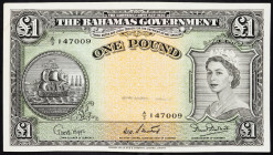 Bahamas 1 Pound 1953 (ND)

P# 15b, N# 274528; # A/3 147009; XF, with small holes